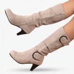 Women's Ruched Knee High Slouch Boots with Heel & Buckle — view 3