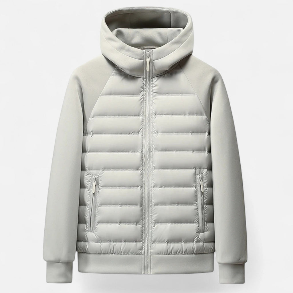 Men's hooded puffer jacket with quilted panels