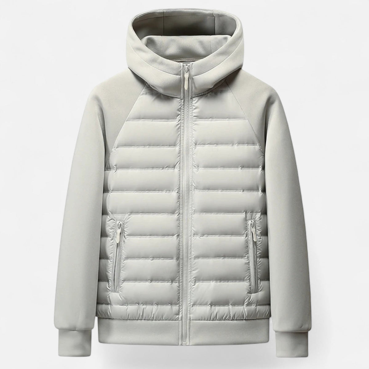Men's hooded puffer jacket with quilted panels