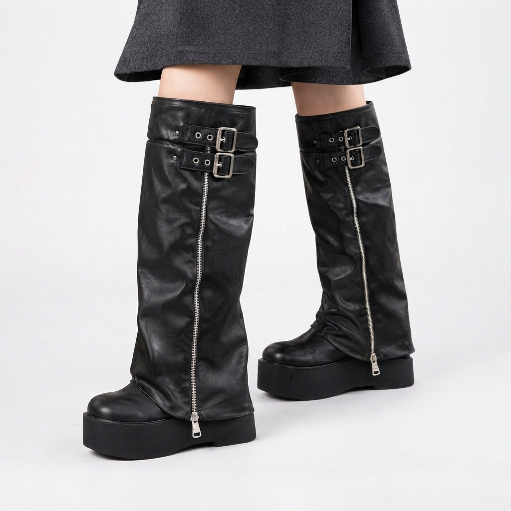 Bottes à plateforme pour femme jusqu'aux genoux avec double boucle