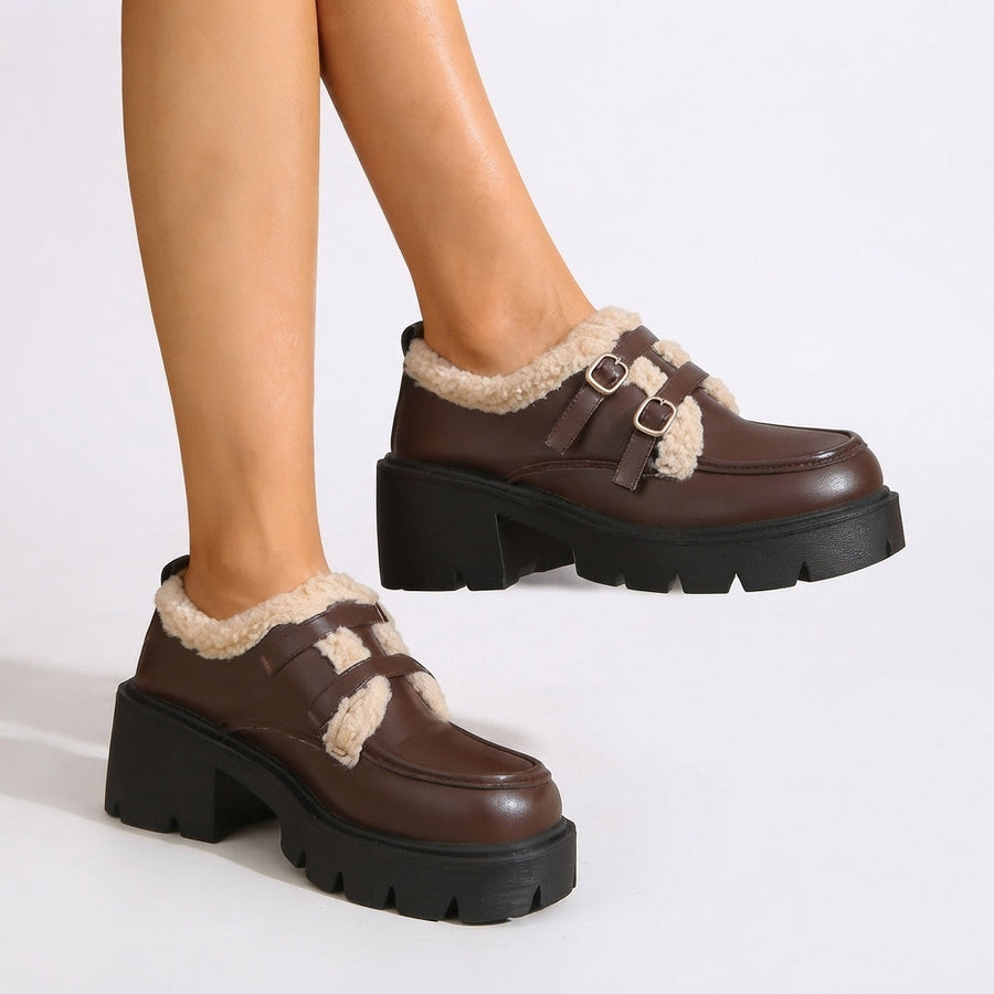 Women's Platform Monk Strap Shoes with Sherpa-Style Trim — view 2