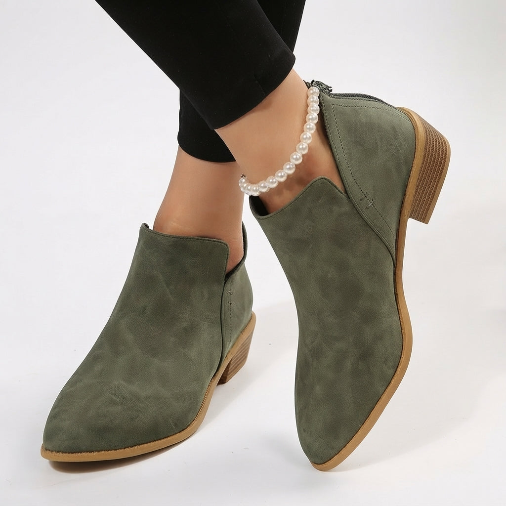 Women's Pointed Toe Block Heel Ankle Boots with Side Zip in Green – view 2