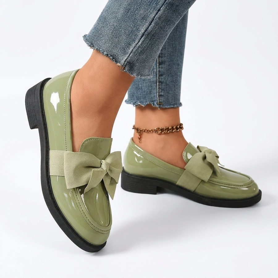 Women's Glossy Bow Loafers with Low Stacked Heel — view 2
