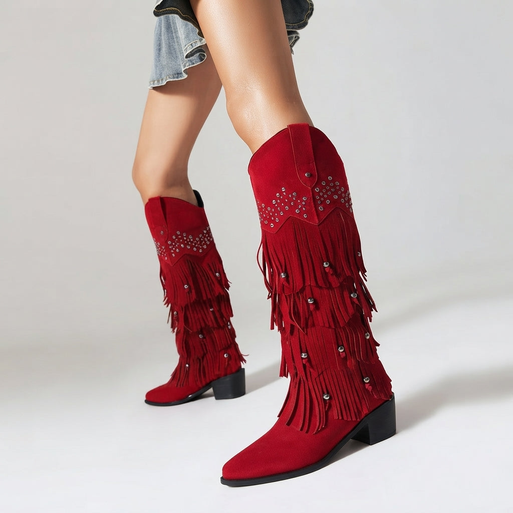 Women's Suede Knee High Fringe Cowboy Boots with Block Heel — view 2