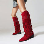 Women's Suede Knee High Fringe Cowboy Boots with Block Heel — view 2