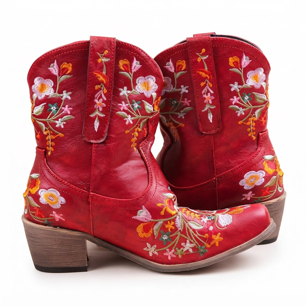 Women's Waterproof Leather Cowboy Ankle Boots with Embroidery in Red – view 2
