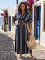 Saphira | V Neck Short Sleeve Striped Wrap Midi Dress