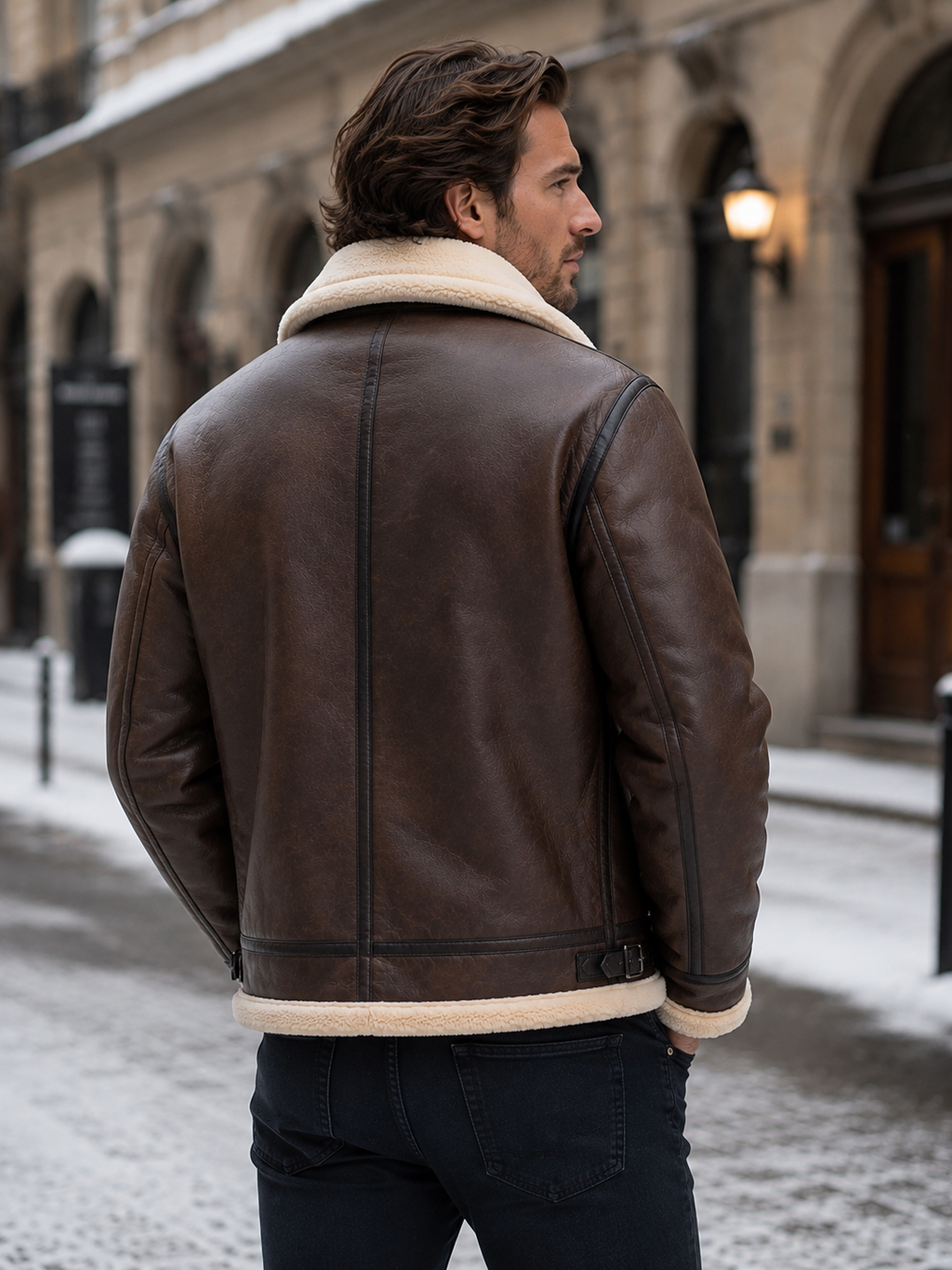 Men's leather-look faux shearling collar aviator jacket