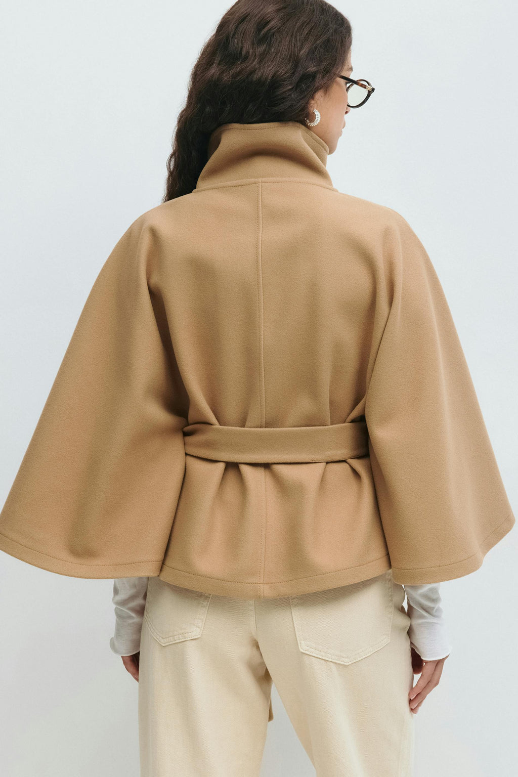 Women's belted cape coat with buttoned high collar