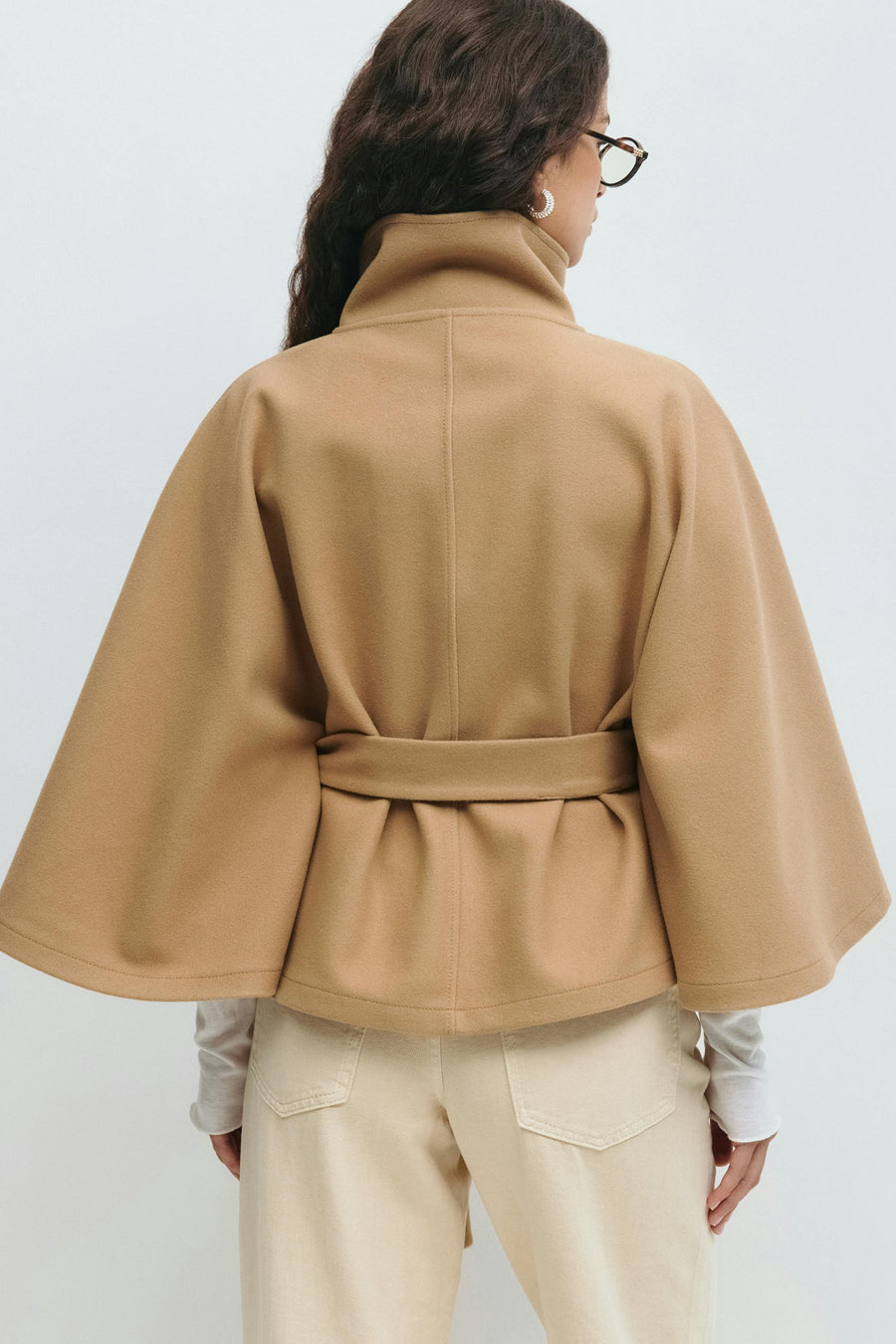 Women's belted cape coat with buttoned high collar