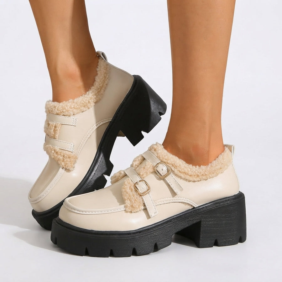 Women's Platform Monk Strap Shoes with Sherpa-Style Trim — view 3