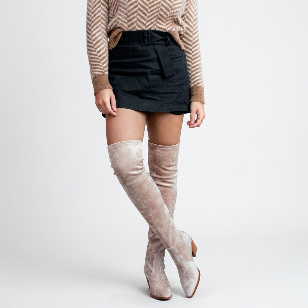 Women's Suede-Effect Over the Knee Boots with Block Heel in Beige – view 4