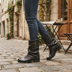 Women's Slouch Biker Boots with Twin Buckles in Black