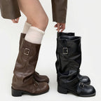 Women's Knee High Slouch Buckle Boots with Block Heel in Brown – view 2