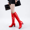 Women's Glossy Leather Block Heel Knee High Boots in Red – view 3