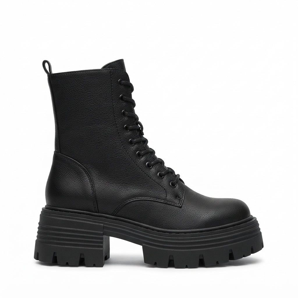 Women's Faux Leather Platform Combat Boots with Side Zip