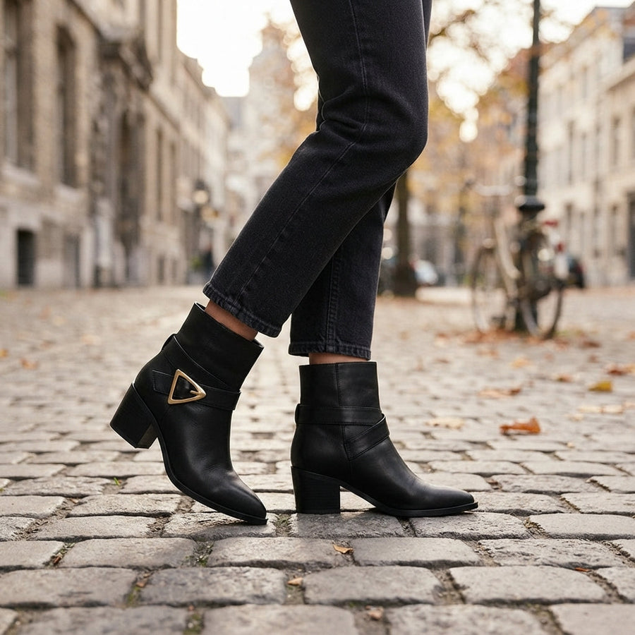 Women's Pointed Toe Block Heel Ankle Boots with Buckle Zip — view 4