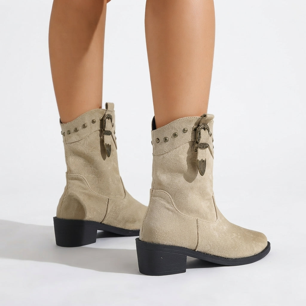Women's Mid-Calf Cowboy Boots with Studded Buckle Strap — view 4