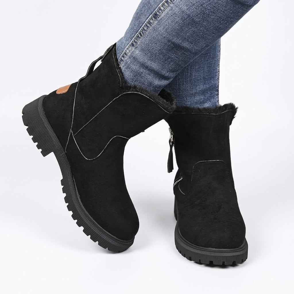 Women's Suede Side-Zip Ankle Boots with Chunky Lug Sole in Black – view 3