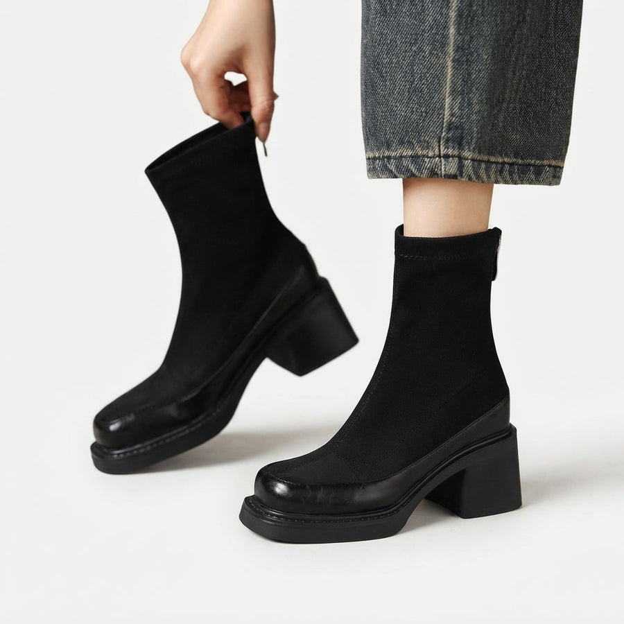 Women's Suede Square Toe Heeled Ankle Boots with Back Zip — view 6
