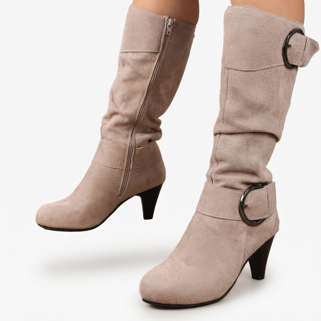 Women's Ruched Knee High Slouch Boots with Heel & Buckle — view 2
