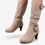 Women's Ruched Knee High Slouch Boots with Heel & Buckle — view 2