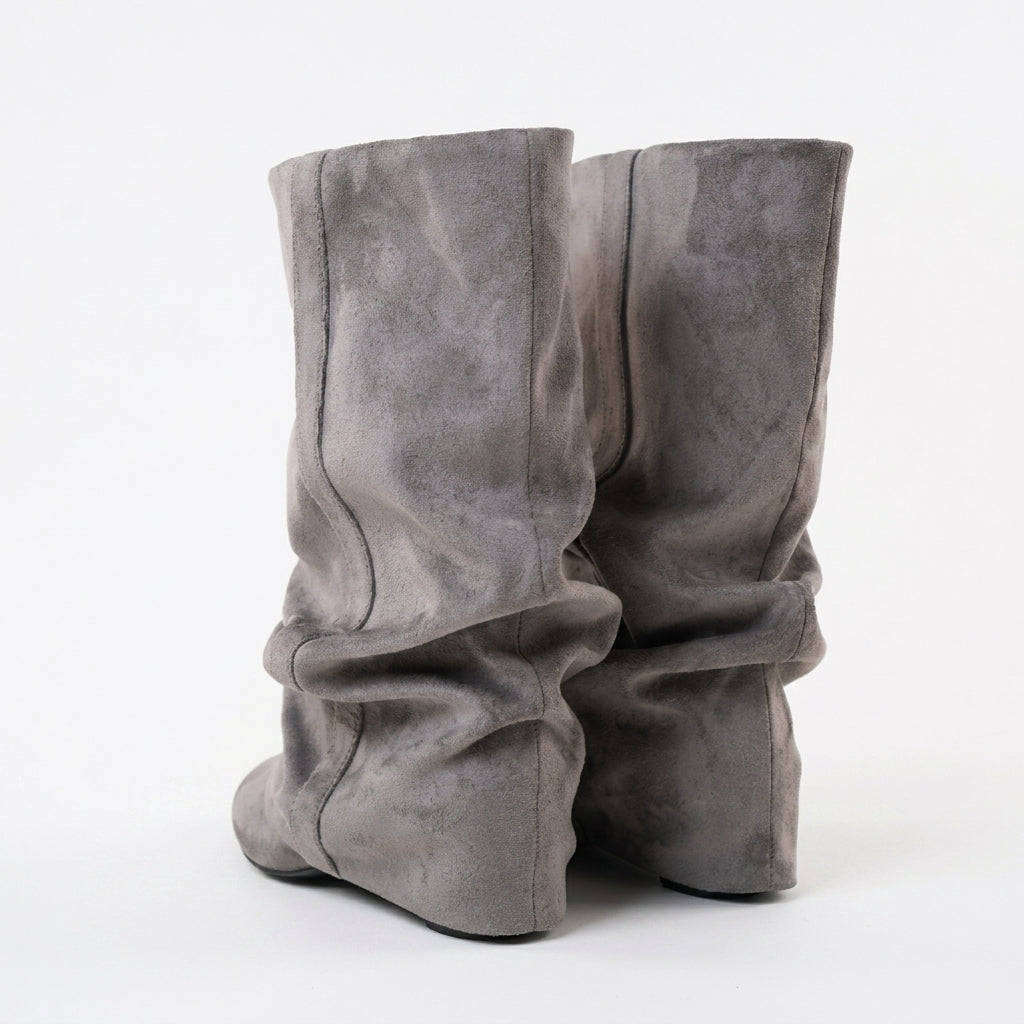 Women's Grey Suede Slouch Boots with Hidden Heel in Grey – view 3