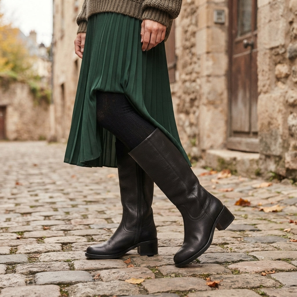 Women's Orthopaedic Leather Knee High Boots with Round Toe in Black – view 3