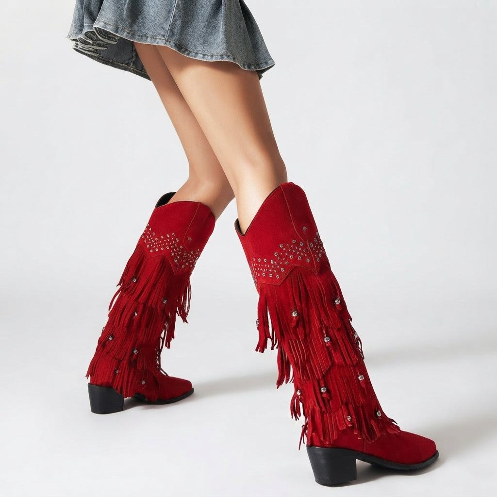 Women's Suede Knee High Fringe Cowboy Boots with Block Heel — view 3