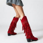 Women's Suede Knee High Fringe Cowboy Boots with Block Heel — view 3