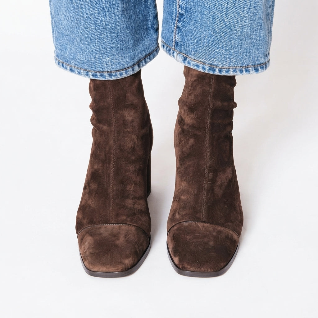 Women's Square Toe Suede Block Heel Ankle Boots in Brown – view 3