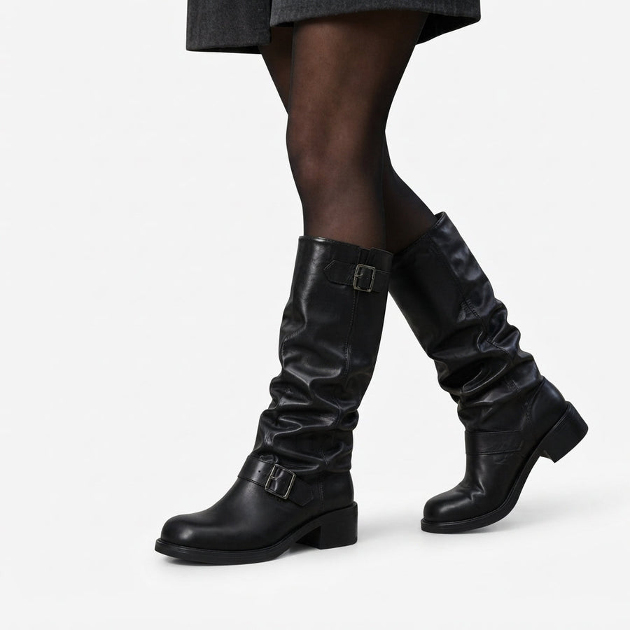 Bottes de motard souples pour femme jusqu'aux genoux avec double boucle