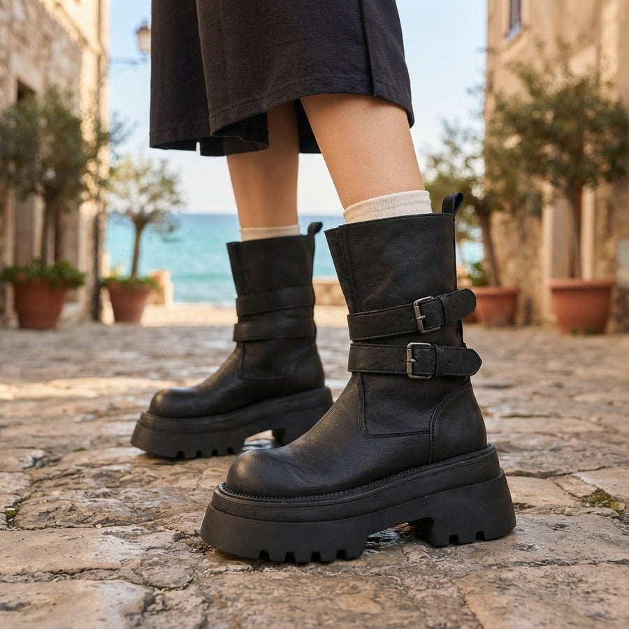 Bottes biker à plateforme pour femmes avec brides à double boucle
