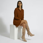 Women's Ruched Suede Knee High Stiletto Boots, Pointed Toe — view 3