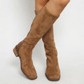 Bottes hautes jusqu'aux genoux pour femme, aspect daim, à talon bas carré marron