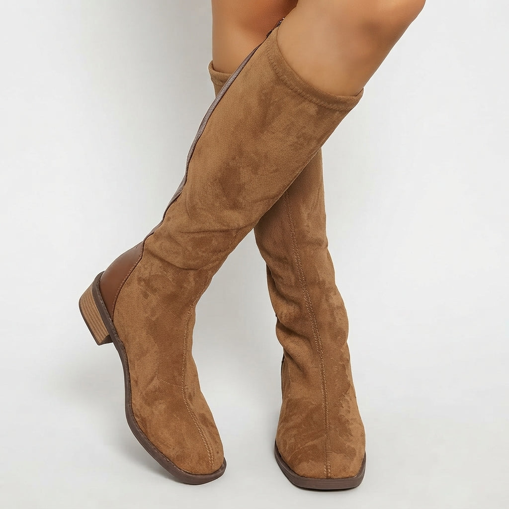 Bottes hautes jusqu'aux genoux pour femme, aspect daim, à talon bas carré marron