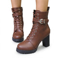Women's Block Heel Lace-Up Combat Ankle Boots with Buckle