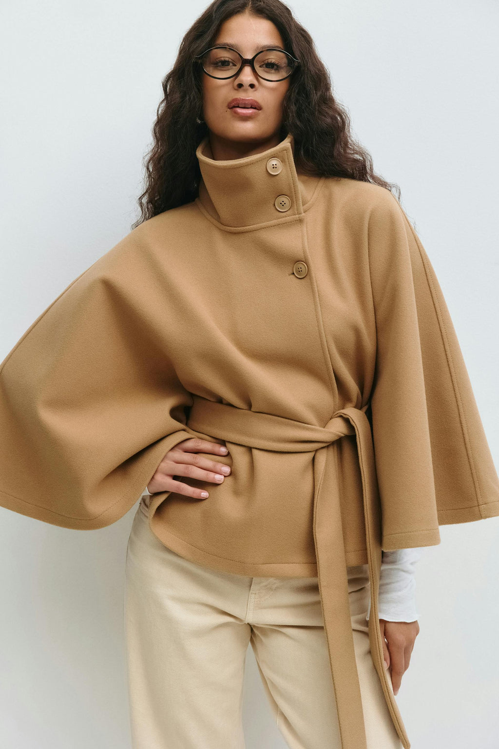 Women's belted cape coat with buttoned high collar
