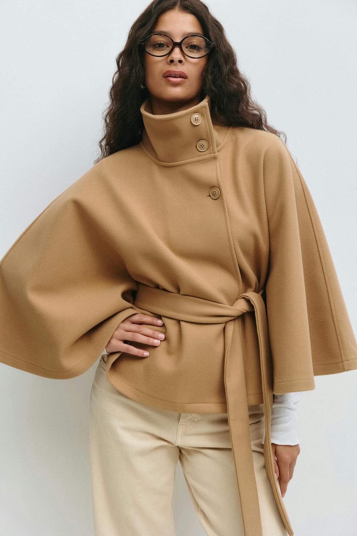 Women's belted cape coat with buttoned high collar
