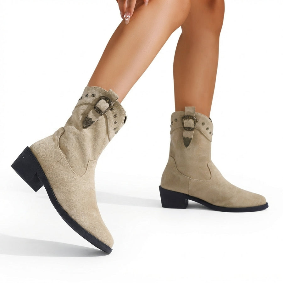 Women's Mid-Calf Cowboy Boots with Studded Buckle Strap — view 3