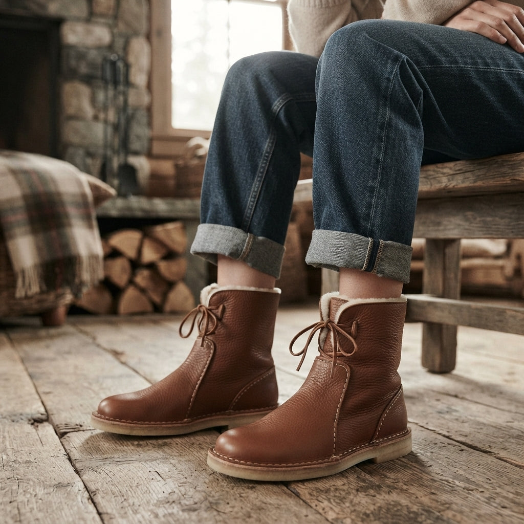 Women's Orthopaedic Slouch Leather Boots with Shearling-Look Cuff — view 4