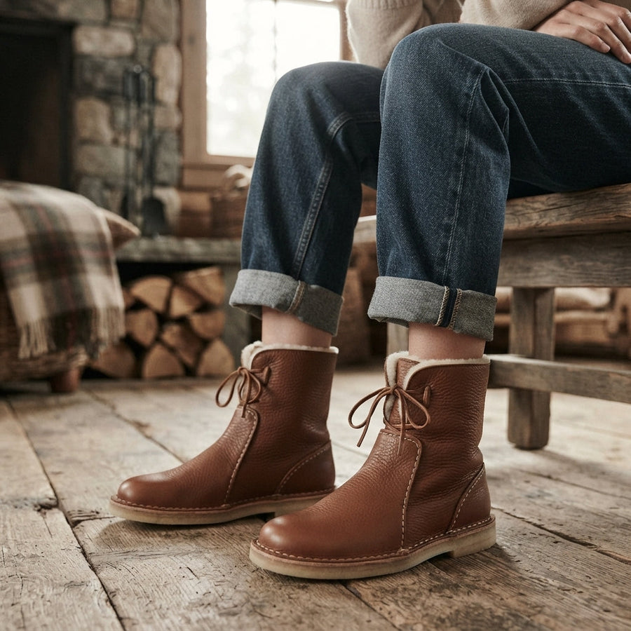 Women's Orthopaedic Slouch Leather Boots with Shearling-Look Cuff — view 4