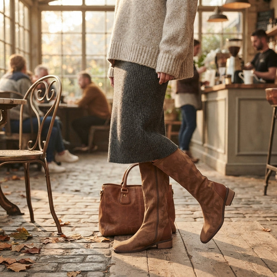 Bottes hautes jusqu'aux genoux pour femme, aspect daim, à talon bas carré marron