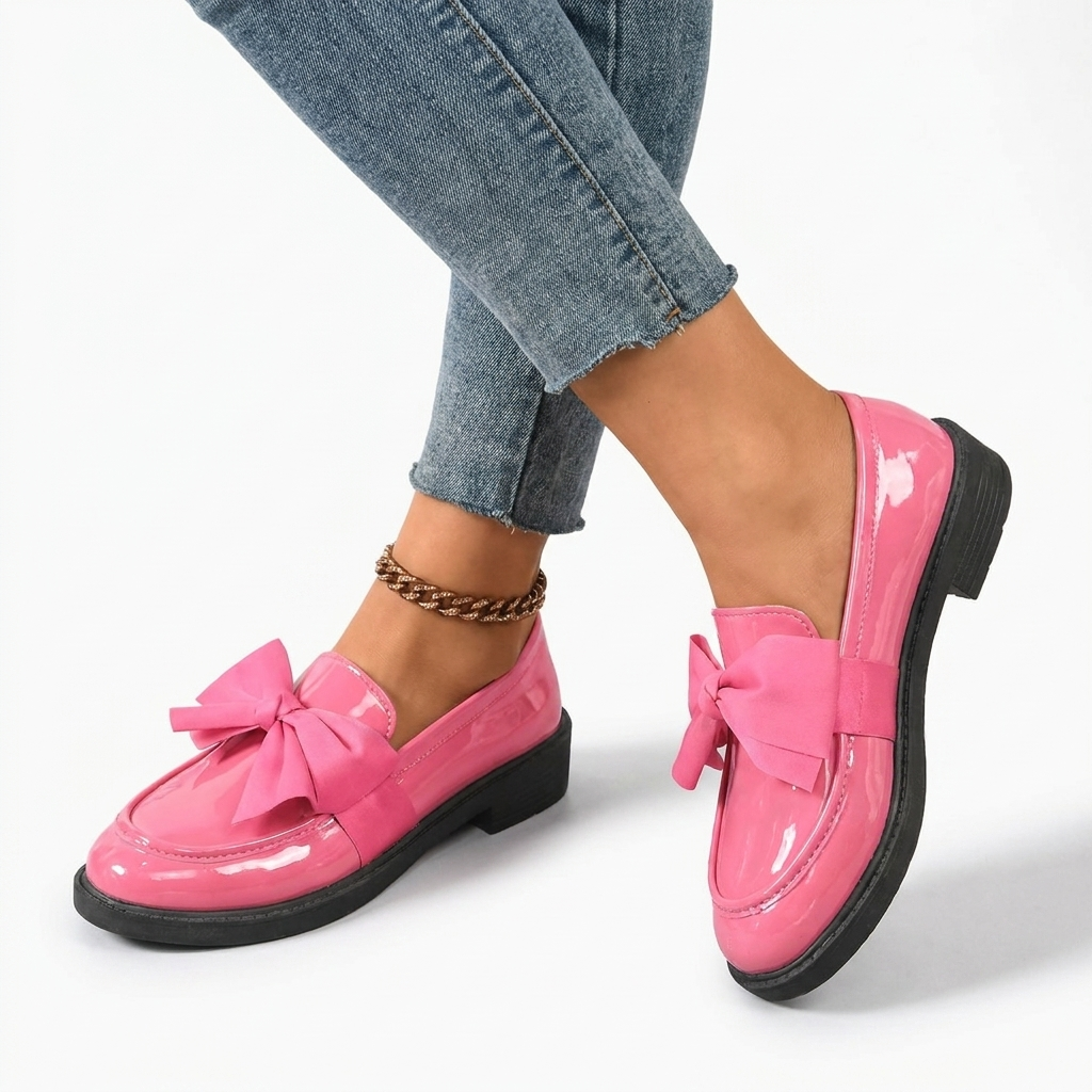 Women's Glossy Bow Loafers with Low Stacked Heel — view 4