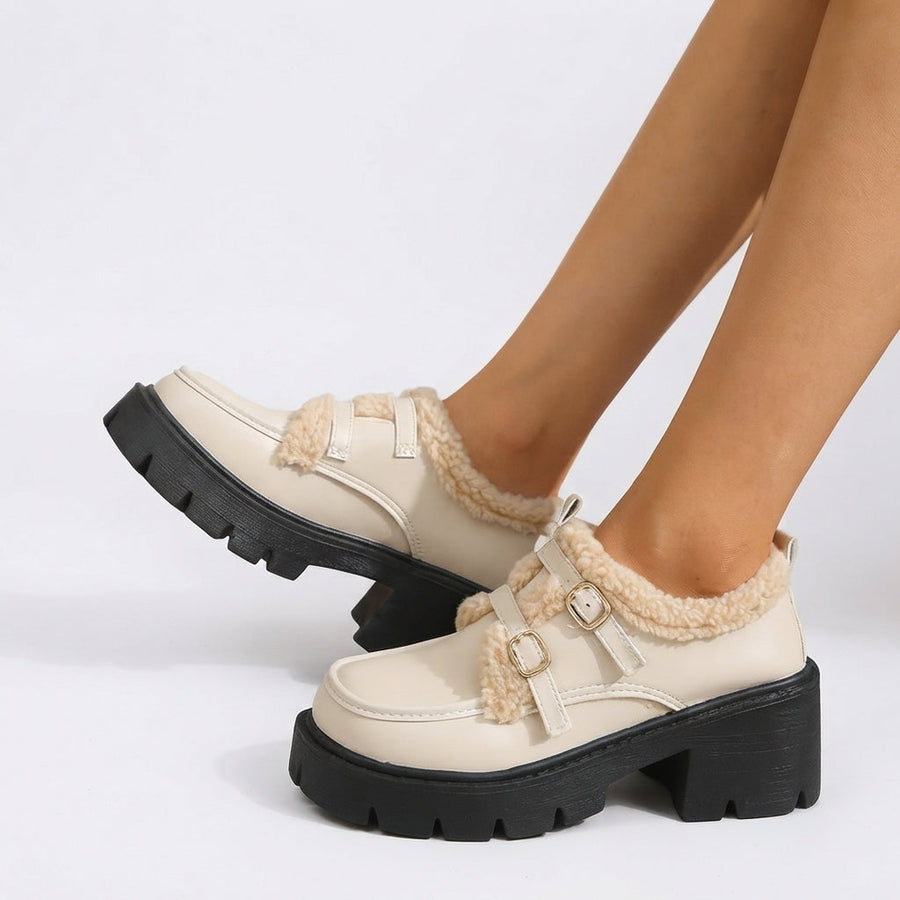 Women's Platform Monk Strap Shoes with Sherpa-Style Trim — view 4