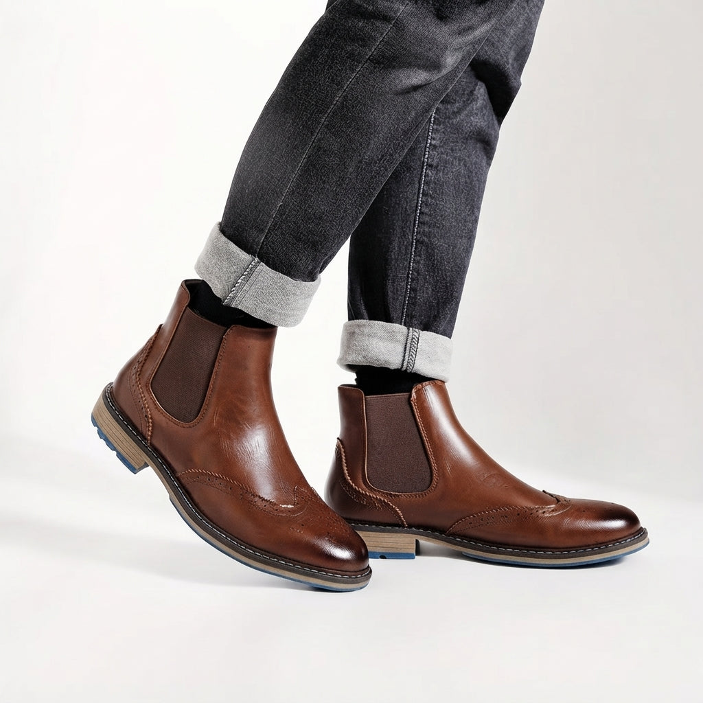 Men's Wingtip Brogue Chelsea Boots, Non-Slip Sole — view 5