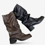 Women's Knee High Slouch Buckle Boots with Block Heel in Brown – view 3