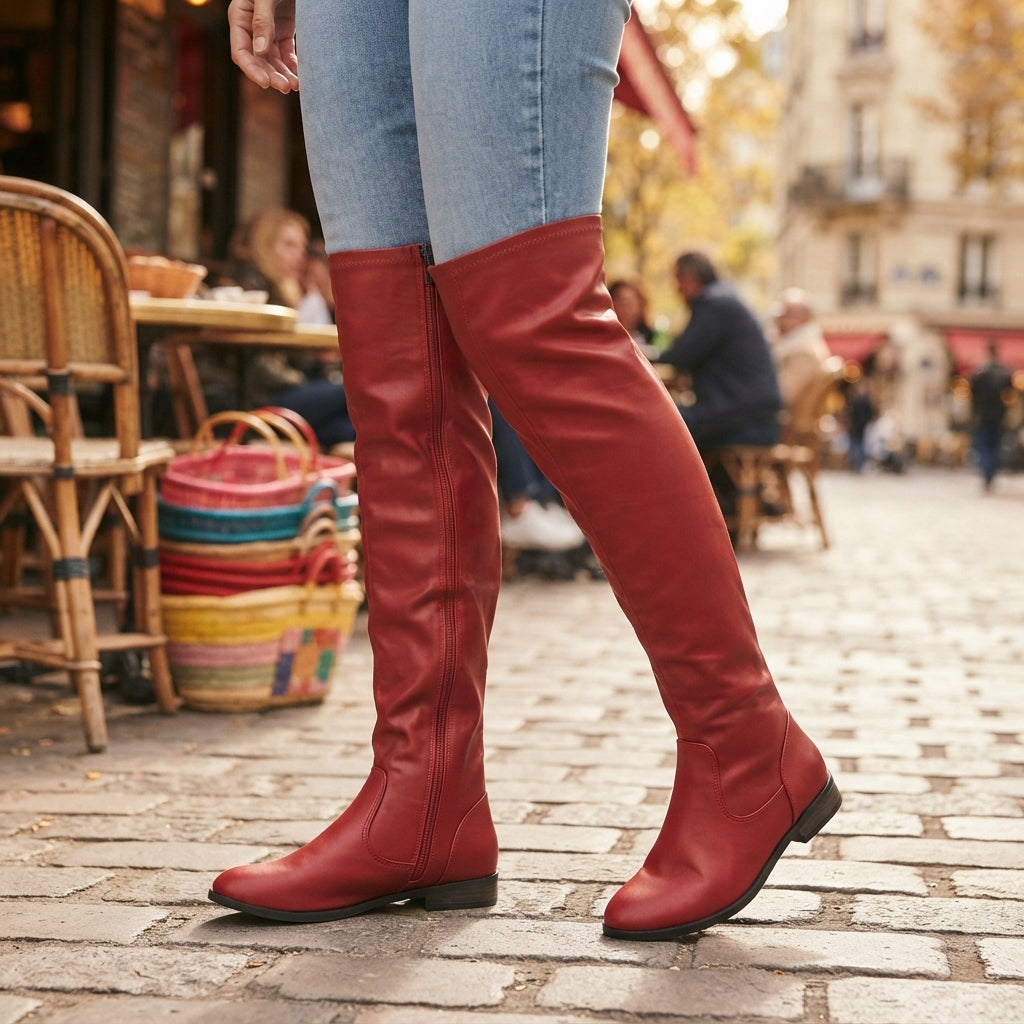 Women's Slim Stretch Over the Knee Boots with Low Block Heel in Red – view 2