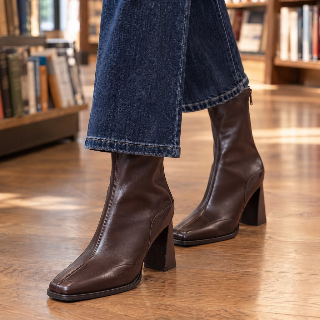 Women's Square Toe Ankle Boots with High Flared Block Heel