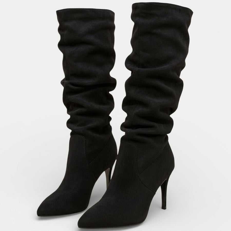 Women's Ruched Suede Knee High Stiletto Boots, Pointed Toe — view 4